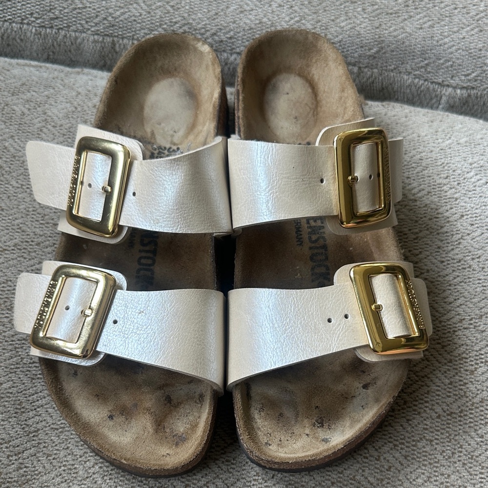 Birkenstock women’s  Cream Sandals with Gold Buckles